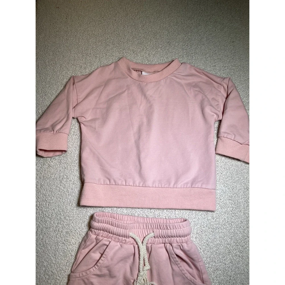 Abby And Evie Girls Pink Toddler Baby Set Sz 12 Months Crew Neck Top & Pants EUC